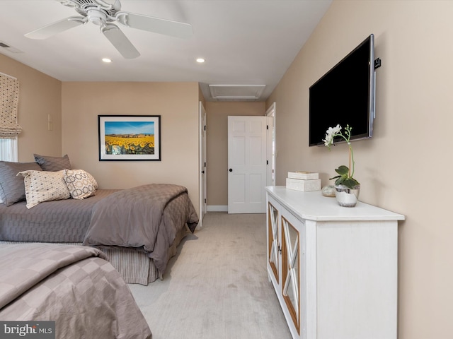 bedroom with a ceiling fan, visible vents, recessed lighting, attic access, and baseboards