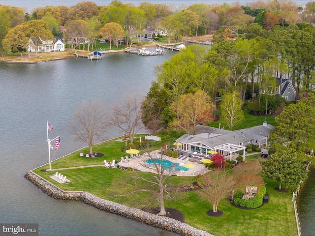 drone / aerial view with a water view