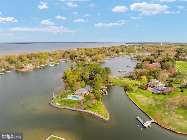 drone / aerial view featuring a water view