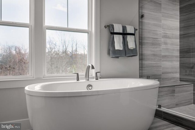 bathroom featuring a tile shower and a freestanding bath