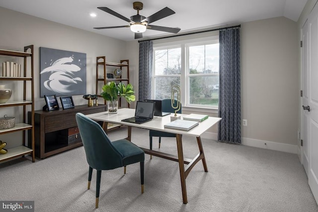 home office with lofted ceiling, baseboards, light colored carpet, ceiling fan, and recessed lighting