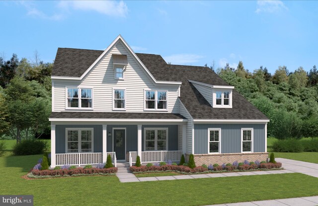 view of front of property with brick siding, a porch, roof with shingles, and a front lawn