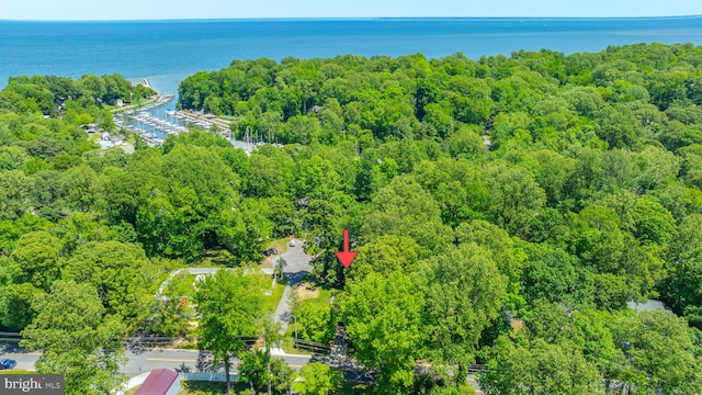 aerial view of property and surrounding area with a nearby body of water and a heavily wooded area