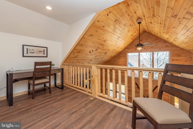 office area with baseboards, wood finished floors, a ceiling fan, vaulted ceiling, and wooden ceiling