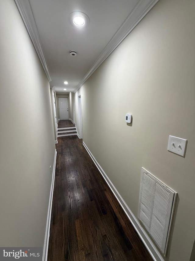 18820 Kerill Rd, Triangle, VA 22172 - hallway with dark wood-type flooring, crown molding, and recessed lighting