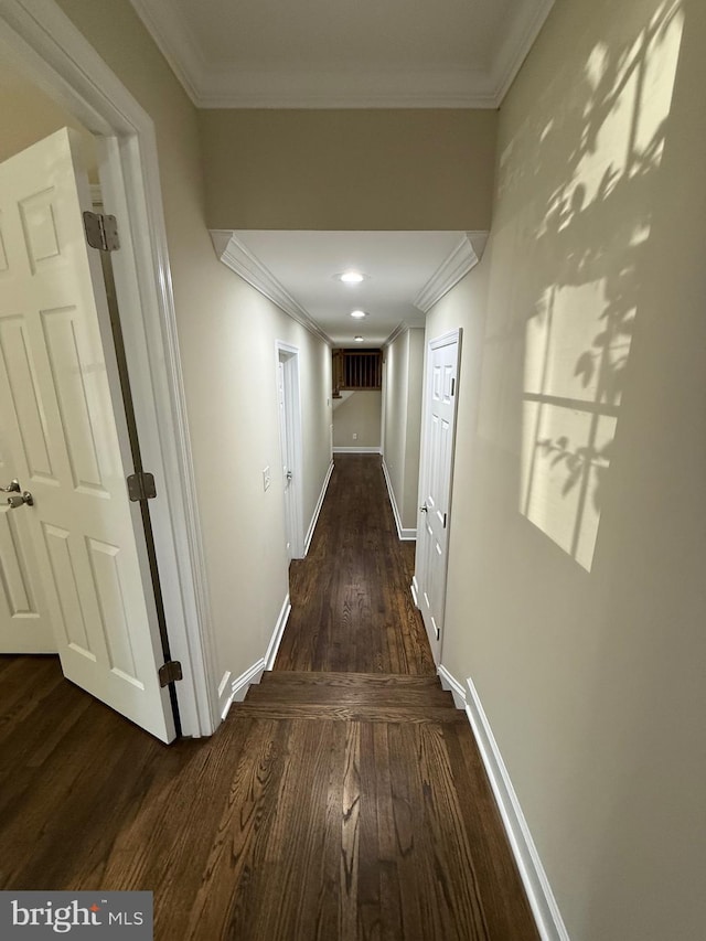 18820 Kerill Rd, Triangle, VA 22172 - hallway with dark wood-style floors, ornamental molding, and recessed lighting