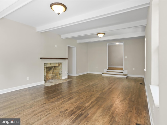 18820 Kerill Rd, Triangle, VA 22172 - unfurnished living room with beam ceiling, wood finished floors, and a stone fireplace