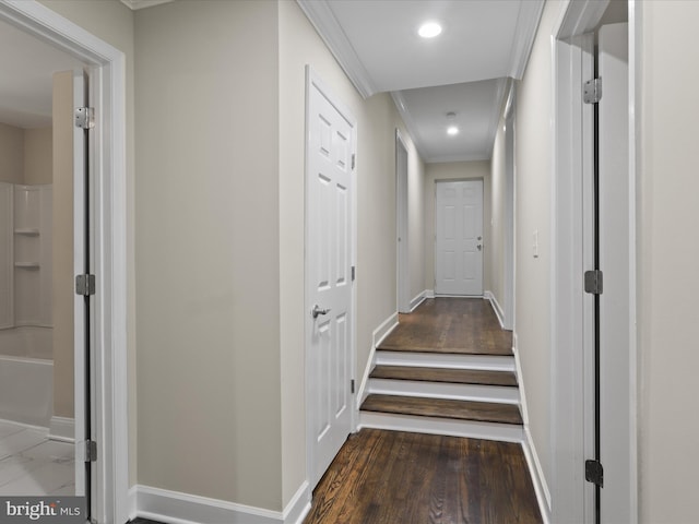 18820 Kerill Rd, Triangle, VA 22172 - corridor featuring ornamental molding, wood finished floors, and recessed lighting
