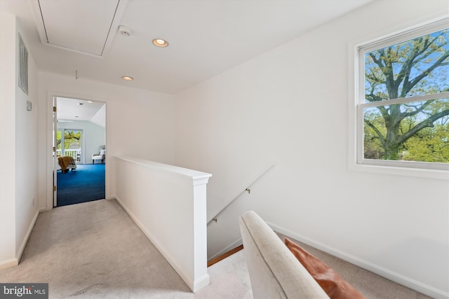 61 E Lake Dr, Annapolis, MD 21403 - hallway featuring an upstairs landing, baseboards, attic access, recessed lighting, and carpet