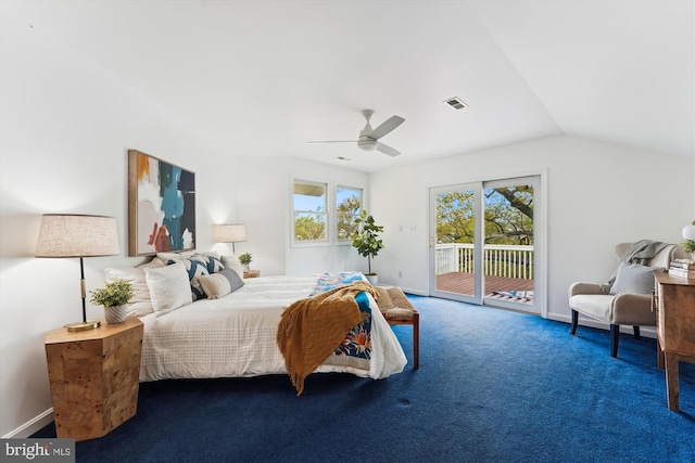 61 E Lake Dr, Annapolis, MD 21403 - carpeted bedroom with access to outside, a ceiling fan, visible vents, vaulted ceiling, and baseboards