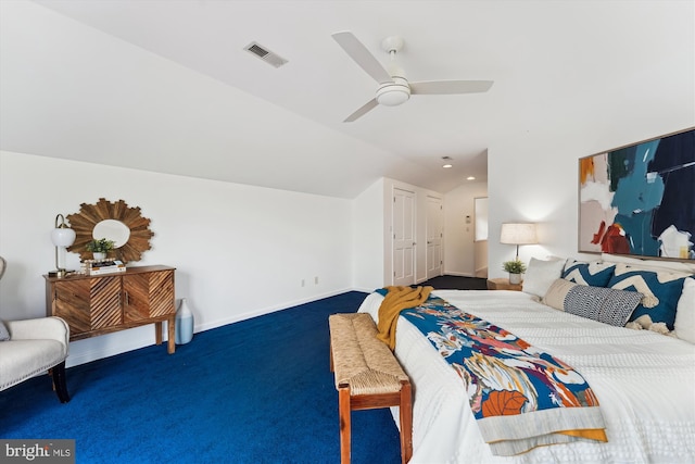 61 E Lake Dr, Annapolis, MD 21403 - carpeted bedroom featuring a closet, ceiling fan, baseboards, visible vents, and lofted ceiling