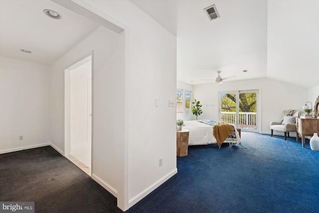 61 E Lake Dr, Annapolis, MD 21403 - carpeted bedroom featuring access to exterior, baseboards, visible vents, a ceiling fan, and lofted ceiling