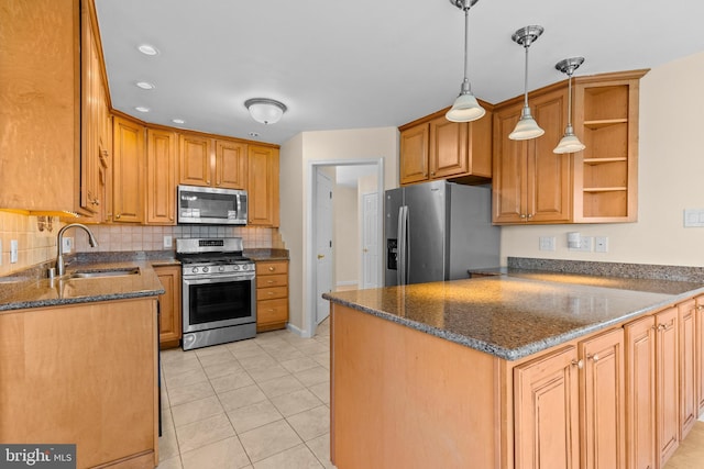 878 Buttermilk Ct, Harrisburg, PA 17111 - kitchen featuring a peninsula, open shelves, light tile patterned flooring, a sink, and stainless steel appliances