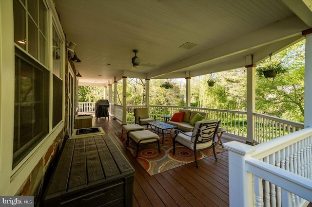 972 Smithbridge Rd, Glen Mills, PA 19342 - deck with grilling area, outdoor lounge area, and a ceiling fan