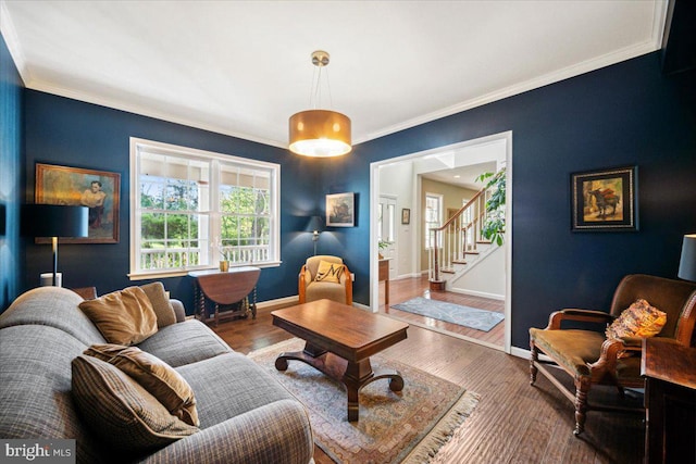 972 Smithbridge Rd, Glen Mills, PA 19342 - living room with baseboards, ornamental molding, stairs, and wood finished floors