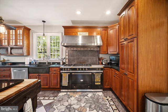 972 Smithbridge Rd, Glen Mills, PA 19342 - kitchen featuring extractor fan, range with two ovens, a sink, dishwasher, and hanging light fixtures