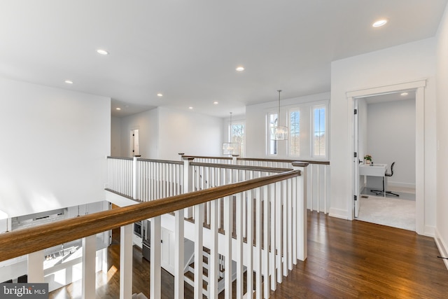 330 Trout Rd, State College, PA 16801 - hall with recessed lighting, an upstairs landing, a chandelier, and dark wood finished floors