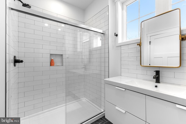 330 Trout Rd, State College, PA 16801 - full bathroom featuring vanity, tasteful backsplash, a stall shower, and tile walls