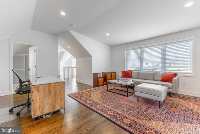 330 Trout Rd, State College, PA 16801 - living room with dark wood-type flooring, lofted ceiling, baseboards, and recessed lighting