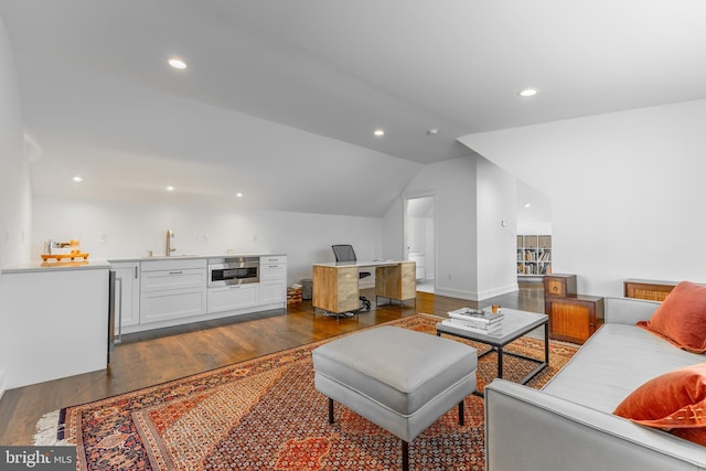 330 Trout Rd, State College, PA 16801 - living room with indoor wet bar, dark wood-style floors, vaulted ceiling, and recessed lighting