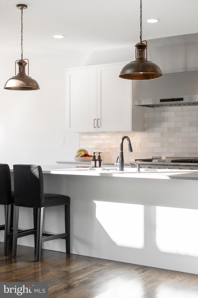 330 Trout Rd, State College, PA 16801 - kitchen featuring white cabinetry, tasteful backsplash, dark wood-type flooring, and pendant lighting