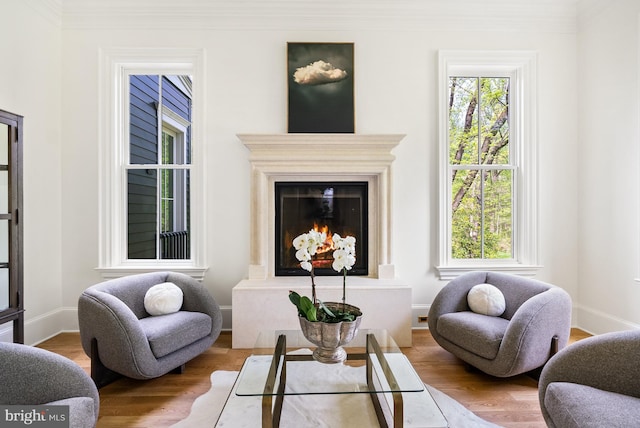 827 Turkey Run Rd, Mclean, VA 22101 - living area featuring wood finished floors, baseboards, a glass covered fireplace, and ornamental molding