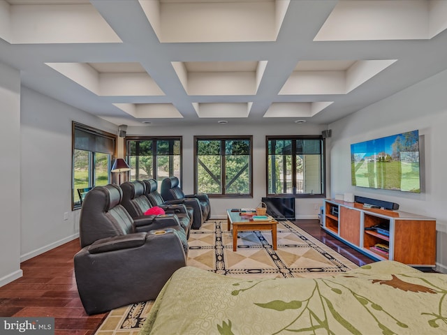 living room with baseboards, wood finished floors, beam ceiling, and coffered ceiling