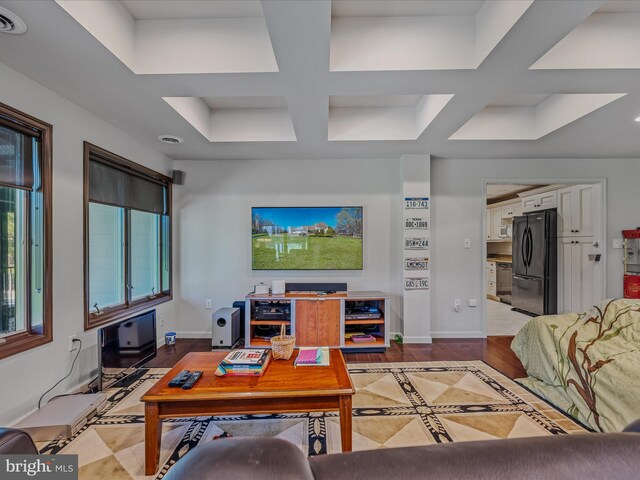 living room with baseboards, a wealth of natural light, and coffered ceiling