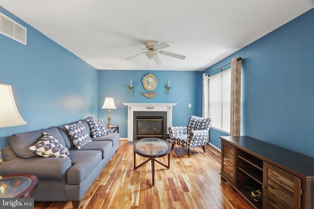 8219 Selwin Ct, Baltimore, MD 21237 - living room featuring a ceiling fan, wood finished floors, a glass covered fireplace, and baseboards