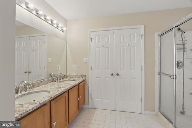 8219 Selwin Ct, Baltimore, MD 21237 - full bathroom with double vanity, a stall shower, baseboards, and tile patterned flooring