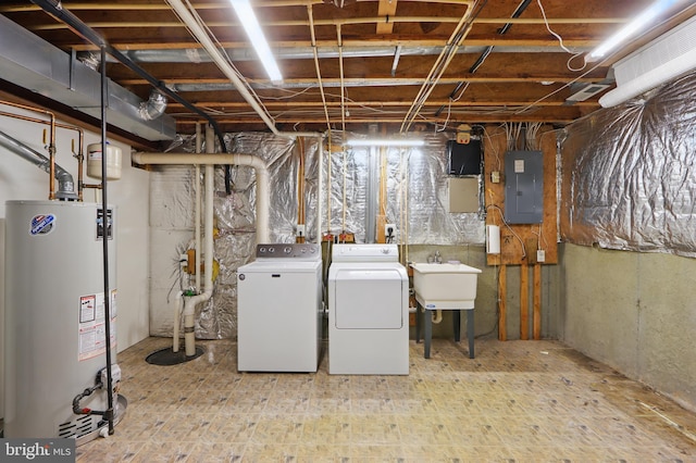 8219 Selwin Ct, Baltimore, MD 21237 - unfinished basement with gas water heater, electric panel, separate washer and dryer, and a sink