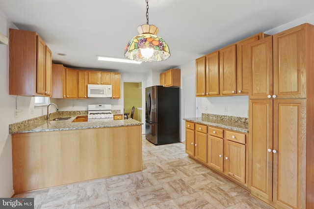 8219 Selwin Ct, Baltimore, MD 21237 - kitchen featuring white appliances, a sink, light stone countertops, a peninsula, and decorative light fixtures
