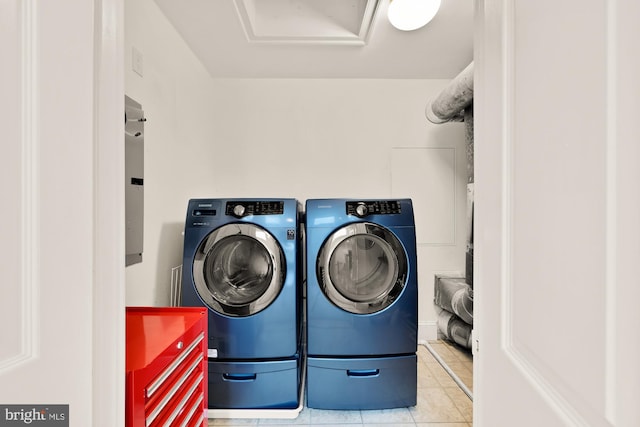 808 Cameron St, Alexandria, VA 22314 - laundry room with washing machine and dryer, tile patterned floors, and attic access