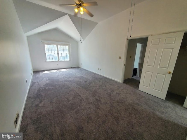bonus room with visible vents, carpet flooring, a ceiling fan, and lofted ceiling