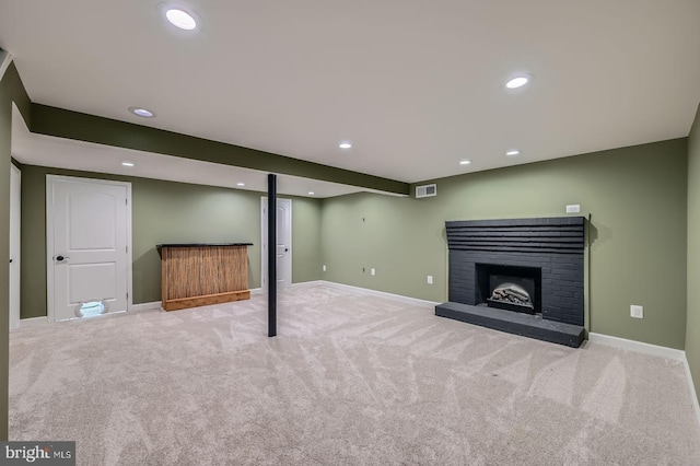 302 Haskell Dr, Arnold, MD 21012 - finished basement with baseboards, carpet, a brick fireplace, and recessed lighting