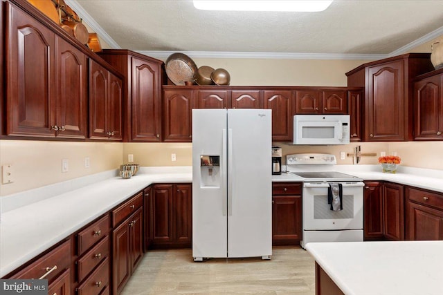 13113 Little Hayden Cir Unit 87, Hagerstown, MD 21742 - kitchen featuring white appliances, a textured ceiling, light countertops, crown molding, and light wood finished floors
