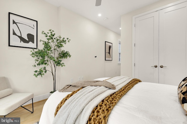 41 Q St NE Unit 2, Washington, DC 20002 - bedroom with a closet, light wood-type flooring, baseboards, recessed lighting, and a ceiling fan