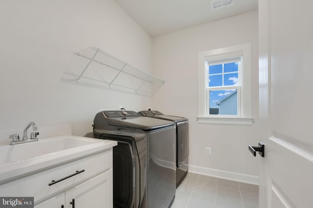 laundry area with separate washer and dryer, baseboards, visible vents, cabinet space, and a sink