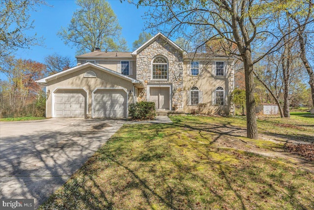 view of front of home featuring concrete driveway, stucco siding, a chimney, stone siding, and a garage