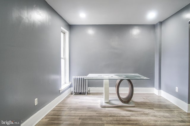 interior space with baseboards, wood finished floors, and radiator