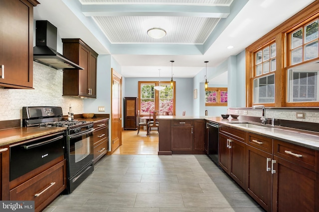 7812 Takoma Ave, Takoma Park, MD 20912 - kitchen with black appliances, wall chimney range hood, backsplash, a sink, and pendant lighting