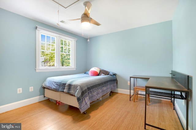 7812 Takoma Ave, Takoma Park, MD 20912 - bedroom with attic access, baseboards, light wood-style floors, and ceiling fan