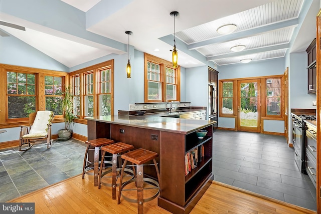 7812 Takoma Ave, Takoma Park, MD 20912 - kitchen with stainless steel countertops, gas stove, dark wood-style flooring, a kitchen bar, and lofted ceiling