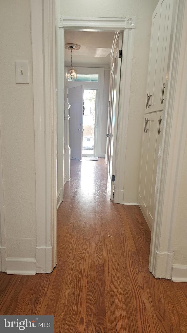 3563 Holmead Pl NW, Washington, DC 20010 - corridor featuring an inviting chandelier, baseboards, and wood finished floors