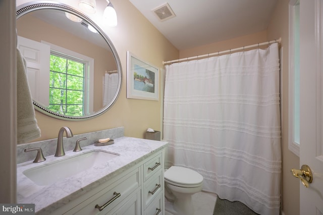 full bathroom with vanity, toilet, and visible vents