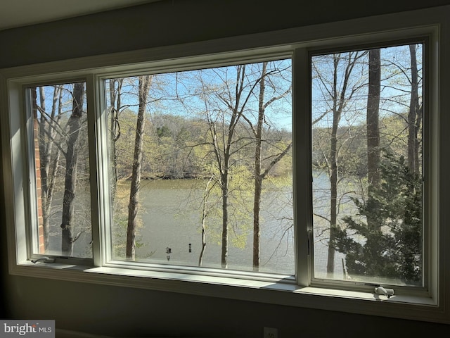 interior details with a water view