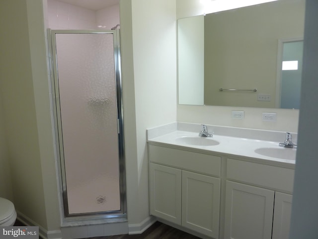 bathroom featuring double vanity, a sink, and a stall shower