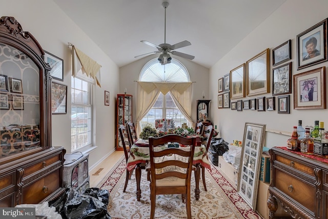 10 Cavendish Ct, Rehoboth Beach, DE 19971 - dining room with ceiling fan, vaulted ceiling, and light wood finished floors