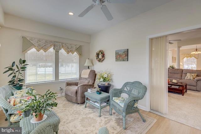 10 Cavendish Ct, Rehoboth Beach, DE 19971 - sitting room with ceiling fan, ornate columns, wood finished floors, baseboards, and recessed lighting