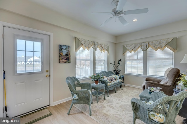 10 Cavendish Ct, Rehoboth Beach, DE 19971 - living area featuring a ceiling fan, baseboards, light wood-style floors, and recessed lighting